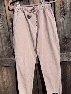 Tina Stephens Italy Drawstring Pants O/S Blush Pink Lyocell Frayed Hem EUC